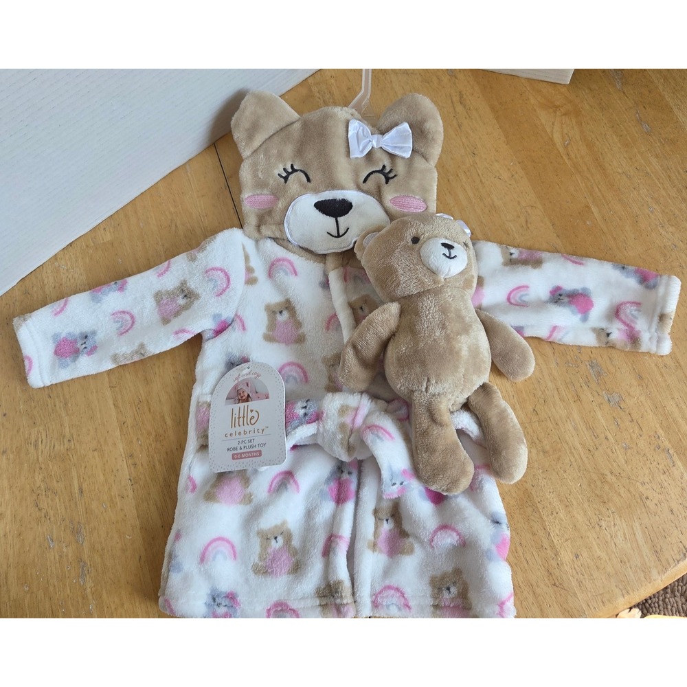 NEW Little Celebrity Two Piece Set Hooded Robe with Plush Teddy Bear Rainbows